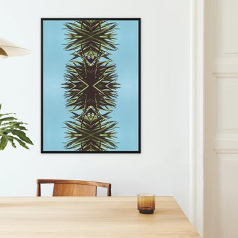 Pointy - Modern Mirrored Leaf Art Framed Canvas, Framed Abstract Art Print Symmetrical Palm Frond Pattern