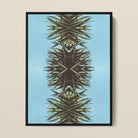 Pointy - Modern Mirrored Leaf Art Framed Canvas, Symmetrical Pattern Palm Fronds Vertical Design Blue Background