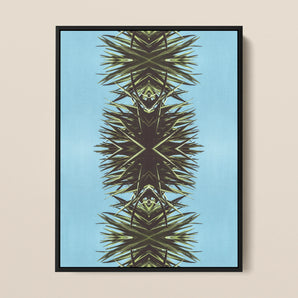 Pointy - Modern Mirrored Leaf Art Framed Canvas, Symmetrical Pattern Palm Fronds Vertical Design Blue Background