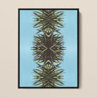 Pointy Modern Mirrored Leaf Art Framed Canvas, Symmetrical Pattern Palm Fronds Vertical Design Blue Background