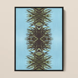 Pointy - Modern Mirrored Leaf Art Framed Canvas, Symmetrical Pattern Palm Fronds Vertical Design Blue Background