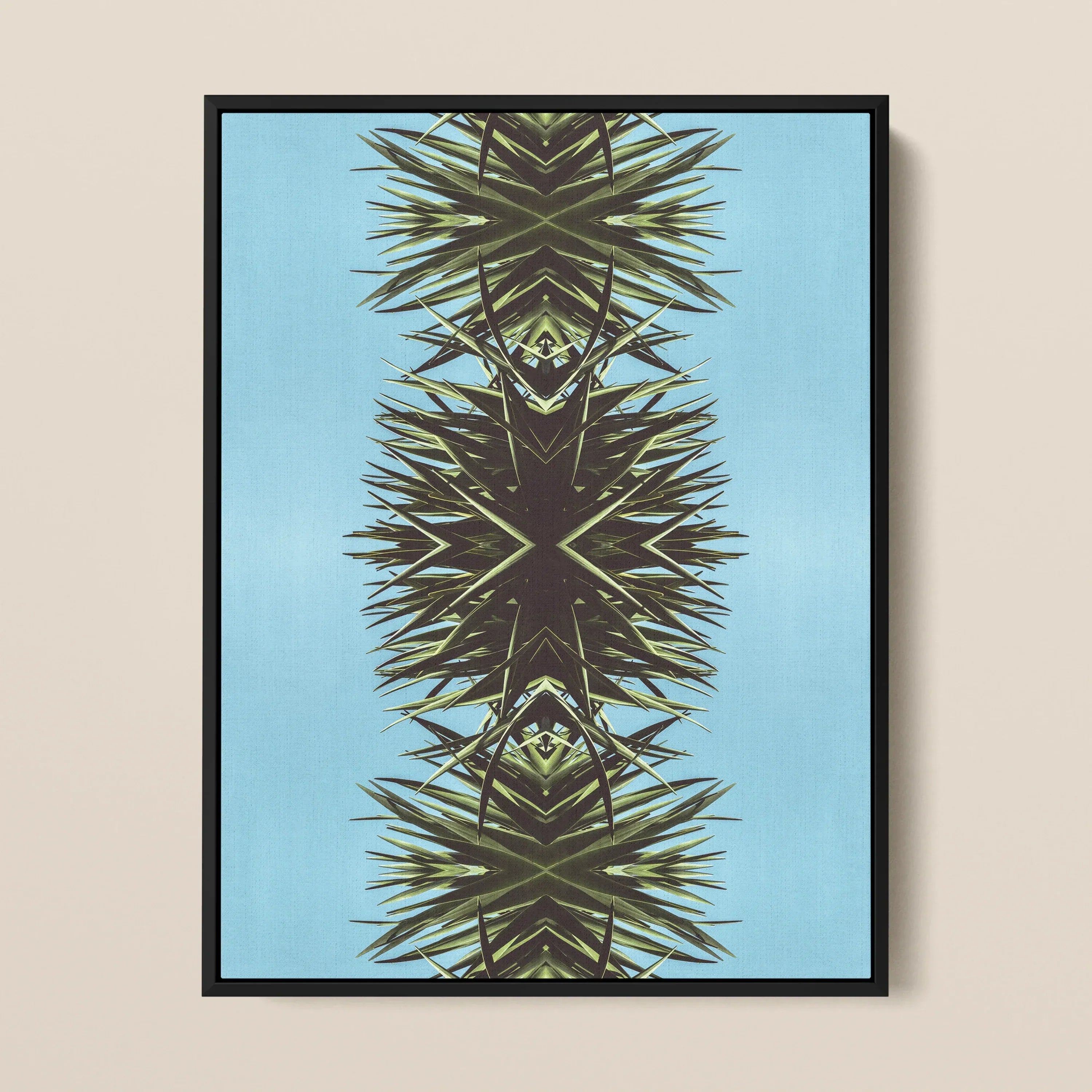 Pointy Modern Mirrored Leaf Art Framed Canvas, Symmetrical Pattern Palm Fronds Vertical Design Blue Background