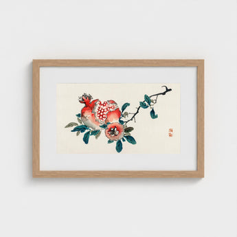 Pomegranate - Kono Bairei Meiji-era Fruit Art Print / Canvas Framed Watercolor Painting Vibrant Red Blossoms Branch Kōno Bairei’s, Japan,