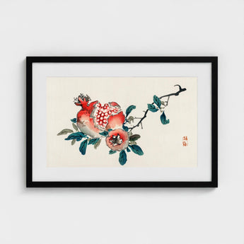 Pomegranate - Kono Bairei Meiji-era Fruit Art Print / Canvas Framed Watercolor Painting Pomegranates Leaves Reds Greens Soft Kōno Bairei’s,