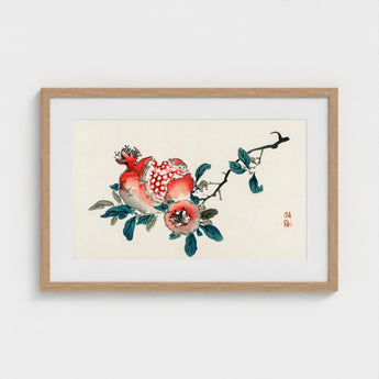 Pomegranate - Kono Bairei Meiji-era Fruit Art Print / Canvas Framed Watercolor Painting Pomegranates Leaves Red Pink Green Kōno Bairei’s,