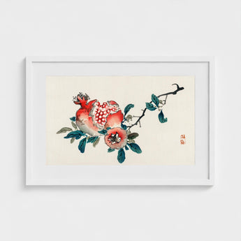 Pomegranate - Kono Bairei Meiji-era Fruit Art Print / Canvas Framed Watercolor Painting Pomegranates Leaves Red Pink Teal Kōno Bairei’s,