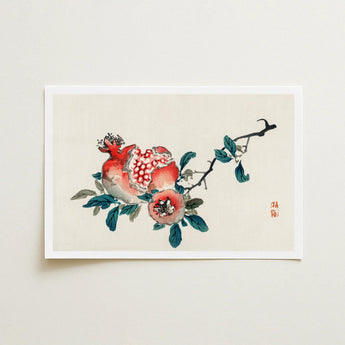 Pomegranate - Kono Bairei Meiji-era Fruit Art Print / Canvas Framed Watercolor Painting Vibrant Red Pomegranates Deep Green Kōno Bairei’s,