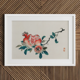 Pomegranate - Kono Bairei Meiji-era Fruit Art Print / Canvas Framed Traditional Chinese Ink Wash Painting Vibrant Red Kōno Bairei’s