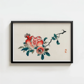 Framed Traditional Chinese Ink Wash Painting Vibrant Red Kōno Bairei’s Pomegranate, Meiji-era Japan