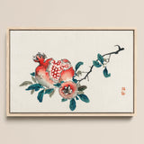 Framed Watercolor Painting Pomegranate Branch Vibrant Red Fruit Kōno Bairei’s, Meiji-era Japan
