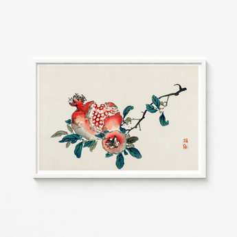 Framed Traditional Chinese Ink Wash Painting Vibrant Red Kōno Bairei’s Pomegranate, Meiji-era Japan