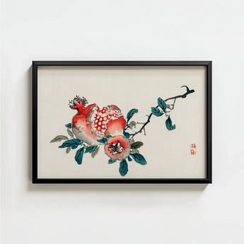 Framed Traditional Chinese Ink Wash Painting Vibrant Red Kōno Bairei’s Pomegranate, Meiji-era Japan