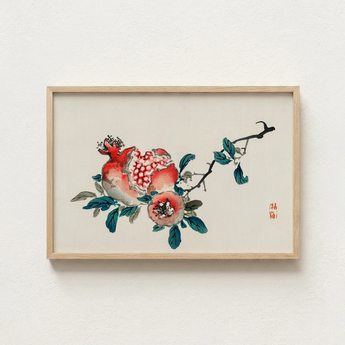 Framed Watercolor Painting Pomegranates Leaves Red Pink Teal Kōno Bairei’s Pomegranate, Meiji-era Japan