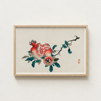 Framed Watercolor Painting Pomegranates Leaves Red Pink Teal Kōno Bairei’s Pomegranate, Meiji-era Japan