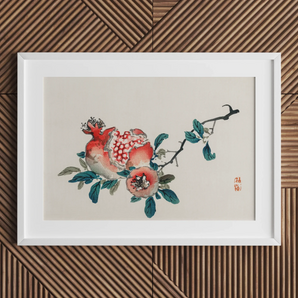 Pomegranate - Kōno Bairei Meiji-era Fruit Art Print, Framed Watercolor Painting Pomegranate Branch Fruit Leaves