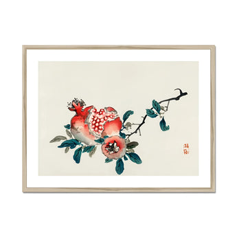 Pomegranate - Kōno Bairei Meiji-era Fruit Art Print, Ripe Pomegranates Teal Leaves Branch