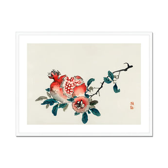 Pomegranate - Kōno Bairei Meiji-era Fruit Art Print, Ripe Pomegranates Teal Leaves Branch