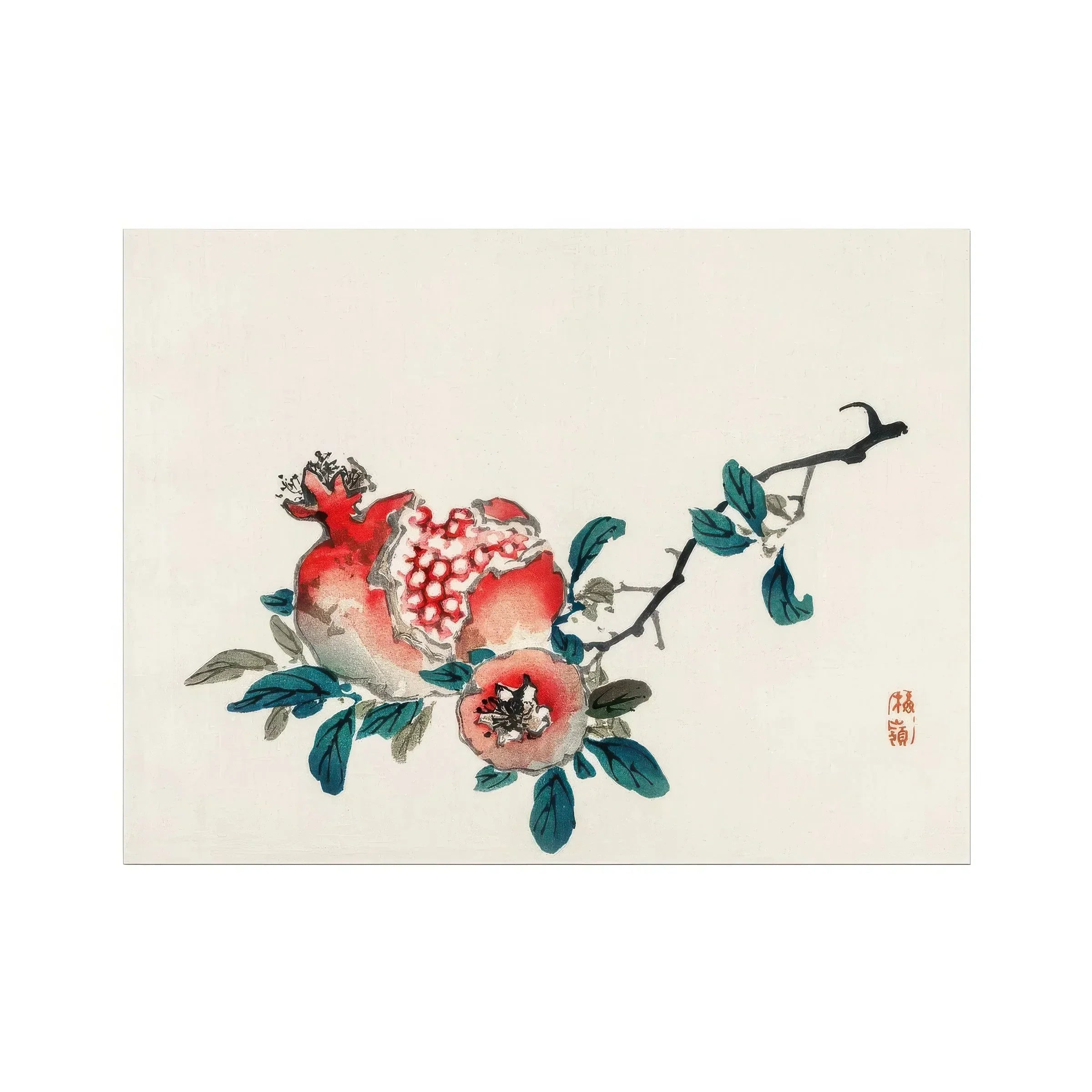 Pomegranate Kōno Bairei Meiji Era Fruit Art Print, Pomegranate Teal Leaves Painted Traditional Asian Watercolor Style