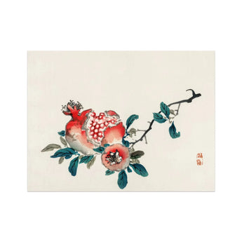 Pomegranate - Kōno Bairei Meiji-era Fruit Art Print, Pomegranate Teal Leaves Painted Traditional Asian Watercolor Style