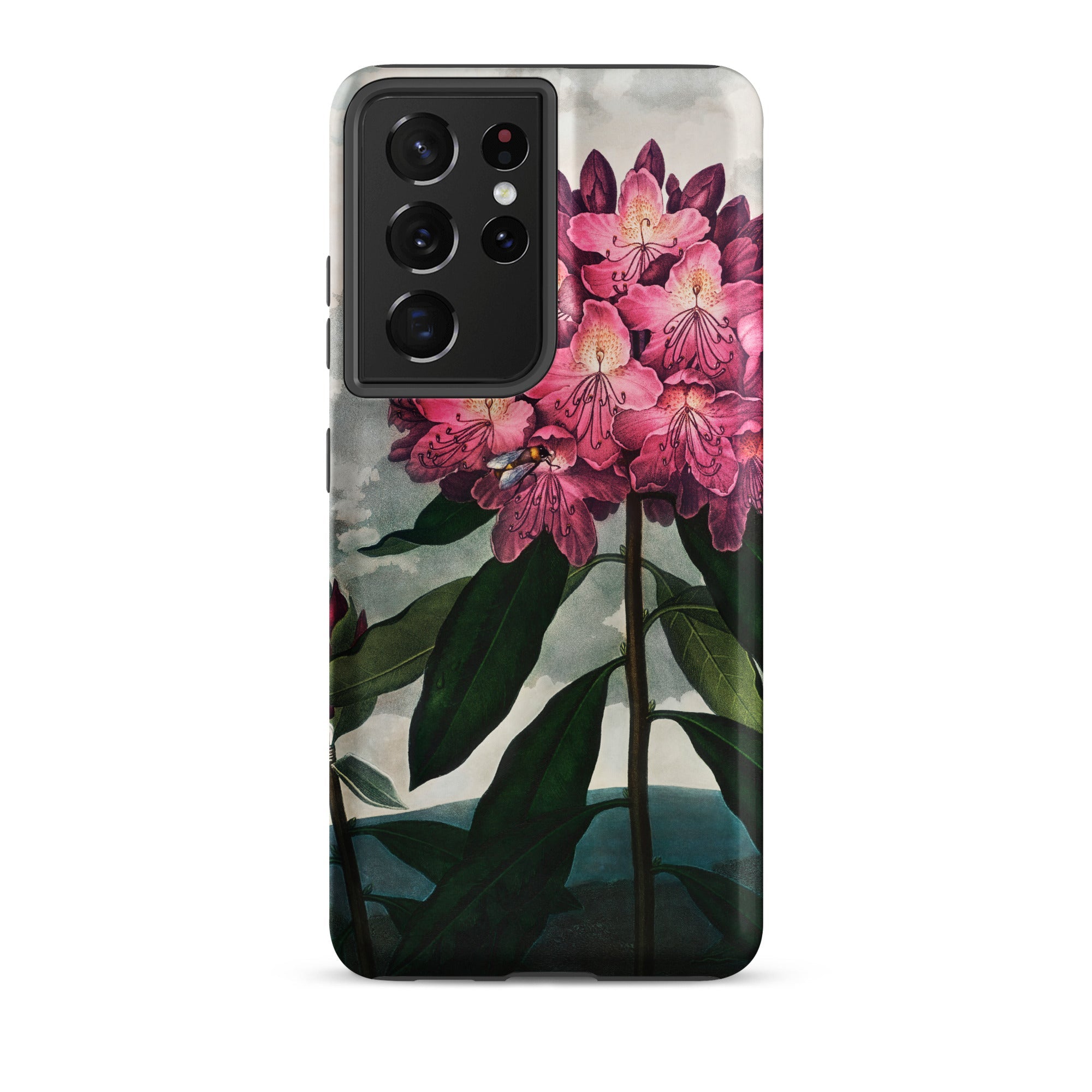Pontic Rhododendron Robert John Thornton Samsung Case, Galaxy S21 Ultra, Black Smartphone Case Vibrant Pink Green Floral Watercolor