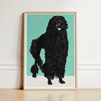 Black Poodle Illustration Light Wood Frame Teal Background Moriz Jung, Canine Charisma Explosion, Vintage Graphic Dog