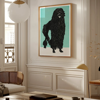 Poodle - Moriz Jung Vintage Graphic Dog Art Print, Framed Art Print Black Dog Silhouette Turquoise Background