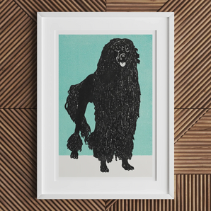 Poodle - Moriz Jung Vintage Graphic Dog Art Print, Stylized Black Silhouette Shaggy Dog Teal Background