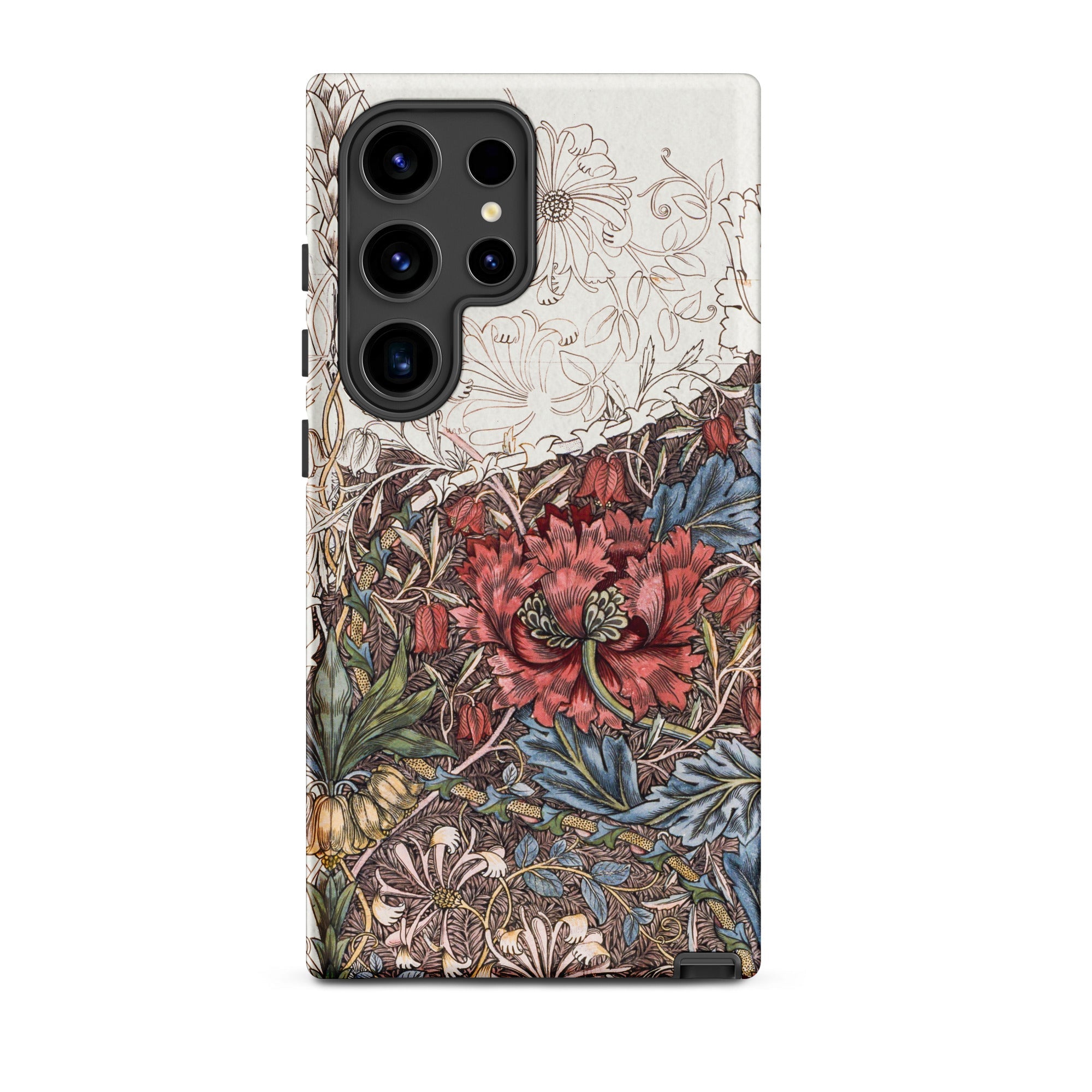 Poppies & Honeysuckle William Morris Samsung Case, Galaxy S24 Ultra / Matte, White Smartphone Case Two Part Floral Design Section Outlined