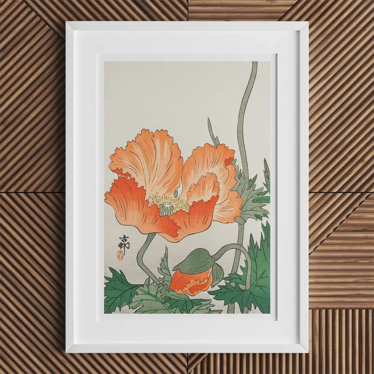 Framed poppy flower print by Ohara Koson, showcasing the Shin-hanga movement in Japanese woodblock art.