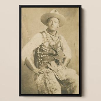 Portrait of a Black Cowboy Art Print / Canvas Black-framed Vintage Sepia-toned Portrait Man Cowboy Attire Photographic Postcard Portrait,