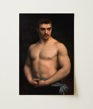 Framed Portrait Muscular Man Dark Hair Mustache Depicted Maurice Deriaz, Gustave Courtois’s, Athlete, Pale Blue Sash, Knotted, Champion