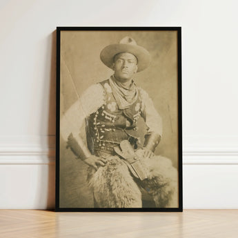 Black-framed Vintage Sepia-toned Portrait Cowboy Ornate Vest Wide-brimmed Photographic Postcard, Gelatin Silver Print, Leather Holster