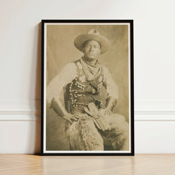 Black-framed Vintage Sepia-toned Portrait Cowboy Ornate Vest Wide-brimmed Photographic Postcard, Gelatin Silver Print, Leather Holster