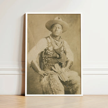 Sepia-toned Framed Portrait Cowboy Vintage Attire Intricate Vest Photographic Postcard, Gelatin Silver Print, Leather Holster Belt, Black