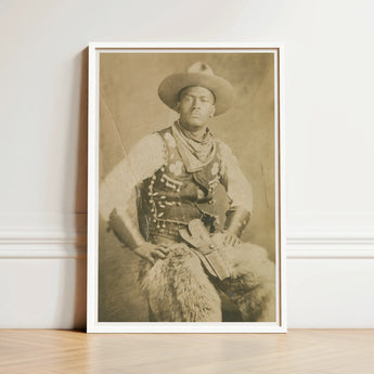 Sepia-toned Framed Portrait Man Vintage Cowboy Attire Wide-brimmed Photographic Postcard, Gelatin Silver Print, Leather Holster Belt, Black