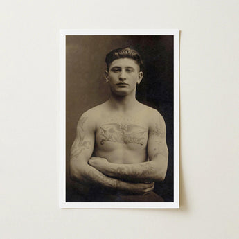 Portrait of a Tattooed American Soldier Art Print / Canvas Vintage Sepia-toned Man Arms Crossed Faces Forward, Torso Unclothed, Body