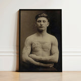Portrait of a Tattooed American Soldier Art Print / Canvas Black-framed Vintage Sepia-toned Boxer Arms Crossed Faces Forward, Torso