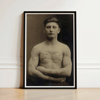 Portrait of a Tattooed American Soldier Art Print / Canvas Black-framed Man Sepia-toned Vintage Photograph Faces Forward, Torso Unclothed,
