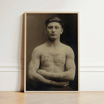 Portrait of a Tattooed American Soldier Art Print / Canvas Framed Black-and-white Man Arms Crossed Encased Faces Forward, Torso Unclothed,