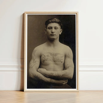 Portrait of a Tattooed American Soldier Art Print / Canvas Vintage Sepia-toned Man Light Wood Frame Faces Forward, Torso Unclothed, Body