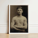 Portrait of a Tattooed American Soldier Art Print / Canvas Framed Black-and-white Man Arms Crossed Encased Faces Forward, Torso Unclothed,
