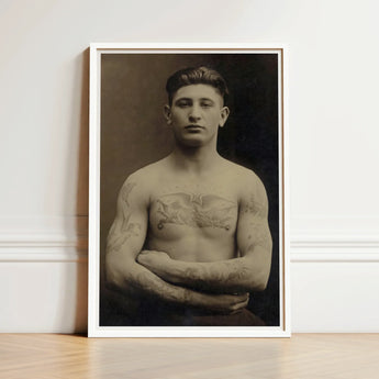 Portrait of a Tattooed American Soldier Art Print / Canvas Framed Black-and-white Man Arms Crossed Encased Faces Forward, Torso Unclothed,