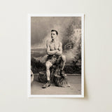 Portrait of a Tattooed Man Art Print / Canvas Vintage Black-and-white Photographic Muscular Tattoos Seated Lean Figure Sits, Intricate,