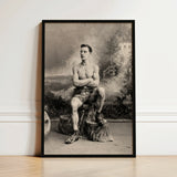 Portrait of a Tattooed Man Art Print / Canvas Black-framed Vintage Seated Tree Stump Lean Figure Sits, Intricate Tattoos, Quiet Force Prints