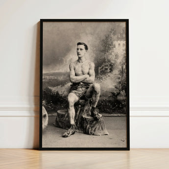 Portrait of a Tattooed Man Art Print / Canvas Black-framed Vintage Seated Tree Stump Lean Figure Sits, Intricate Tattoos, Quiet Force Prints