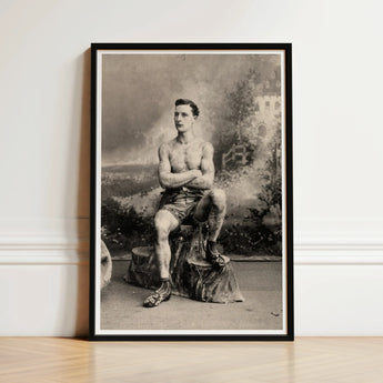 Portrait of a Tattooed Man Art Print / Canvas Black-framed Vintage Sepia-toned Muscular Tattoos Seated Lean Figure Sits, Intricate, Quiet