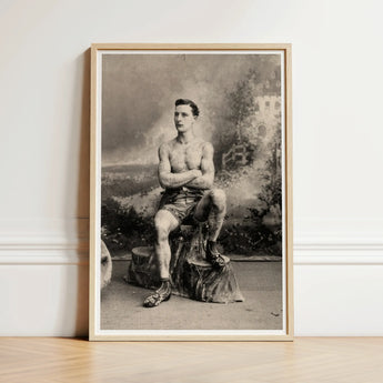 Portrait of a Tattooed Man Art Print / Canvas Vintage-style Black-and-white Photograph Muscular Seated Tree Lean Figure Sits, Intricate