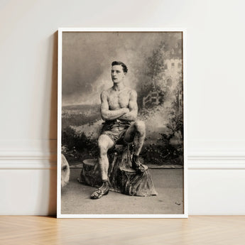 Portrait of a Tattooed Man Art Print / Canvas Framed Black-and-white Muscular Tattoos Seated Tree Lean Figure Sits, Intricate, Quiet Force