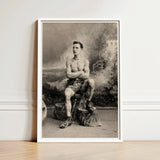 Portrait of a Tattooed Man Art Print / Canvas Framed Black-and-white Muscular Tattoos Seated Tree Lean Figure Sits, Intricate, Quiet Force