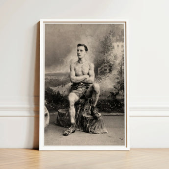 Portrait of a Tattooed Man Art Print / Canvas Framed Black-and-white Muscular Tattoos Seated Tree Lean Figure Sits, Intricate, Quiet Force